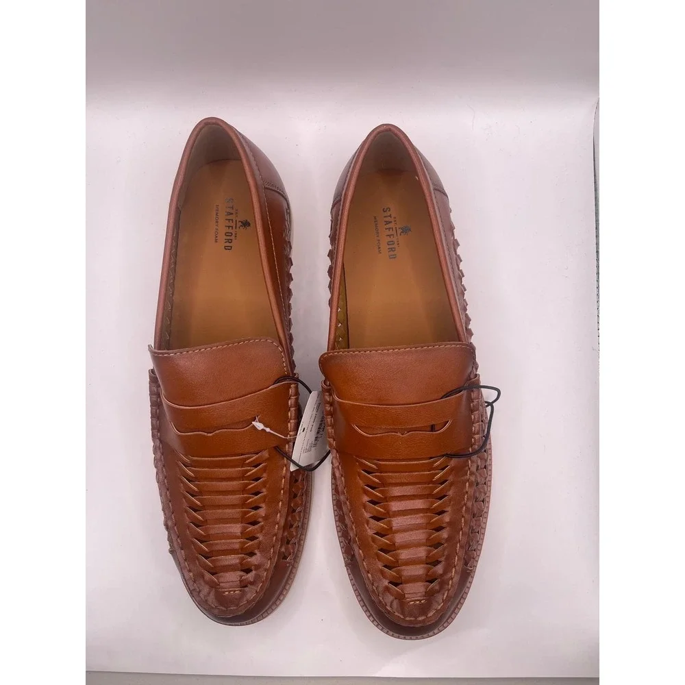 Stafford Barolo Mens Cognac Woven Penny Loafers Memory Foam Shoes 11 M NEW